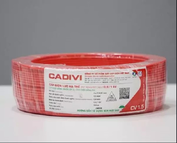 Dây cáp điện Cadivi CV-1.5 màu đỏ, ruột đồng cách nhiệt PVC, cuộn 100m, giá tính theo mét
